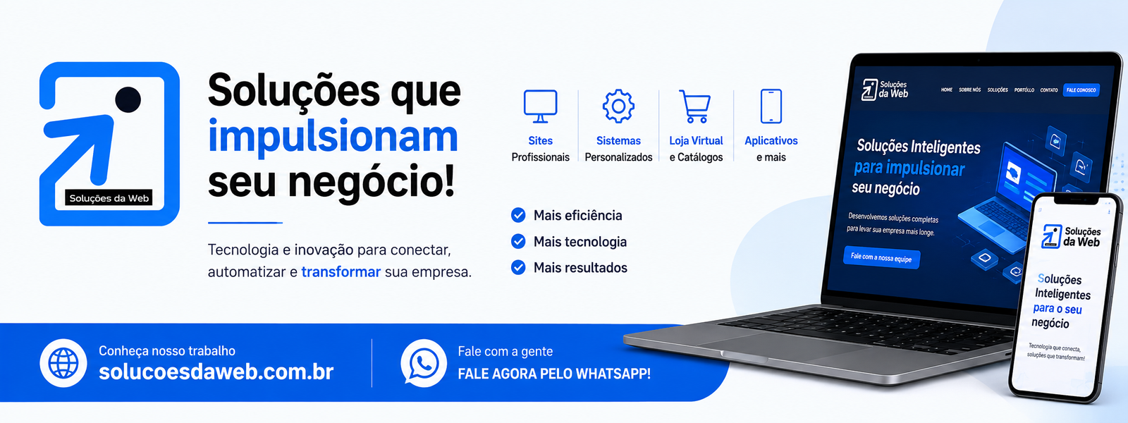 Banner Soluções da Web com laptop e celular