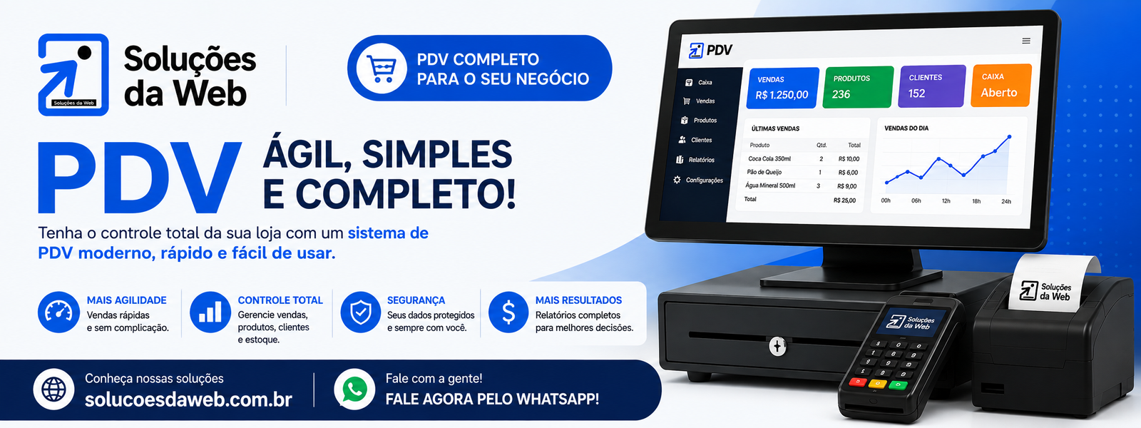 Sistema PDV moderno com monitor e caixa